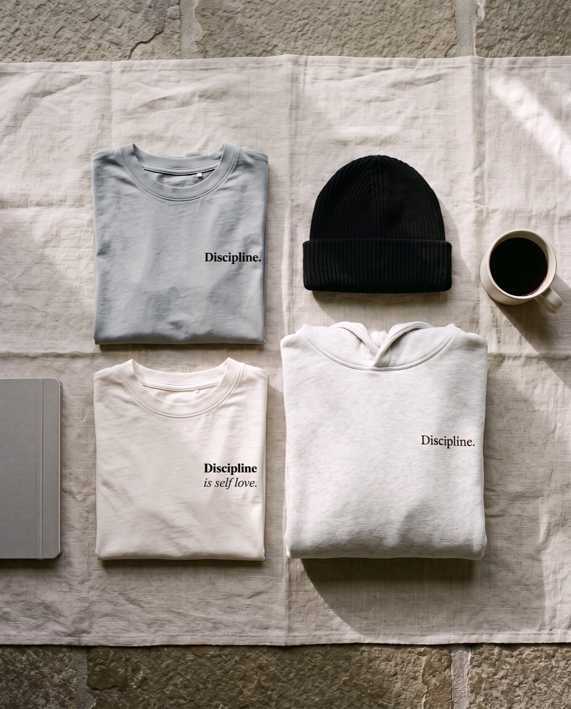 The four pieces folded on linen with coffee and a notebook