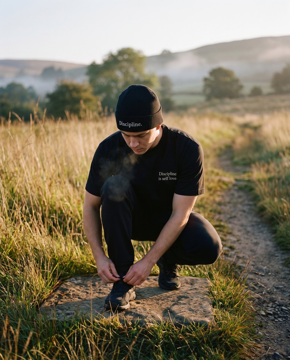 Runner tying his shoes on a meadow trail at sunrise, in the black Classic Tee and the black Rib Beanie